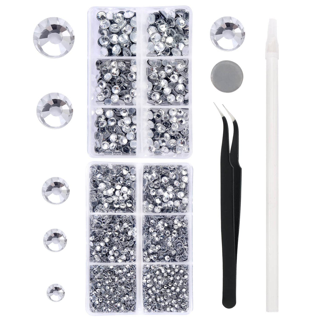 6796PCS Clear Hotfix Rhinestones Crystal Stones Glass for Fabric Clothes Shirts Sparkly Flat Back Round with Tweezers and Picking Pen (SS6~SS30 Set)
