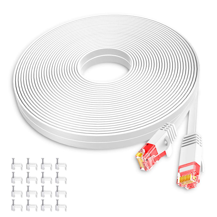 Cat 6 Ethernet Cable 100 ft White Computer LAN Cable Flat RJ45 high Speed Internet Patch Cable Ethernet Cord with Cable Clips for modems (White, 100FT)