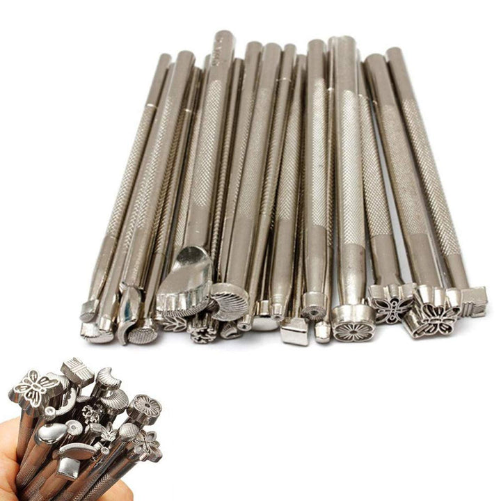 20PCS Leather Stamping Tools, Different Shape Saddle Making Stamp Punch Set, Manual Carved Embossing Hammer Kit