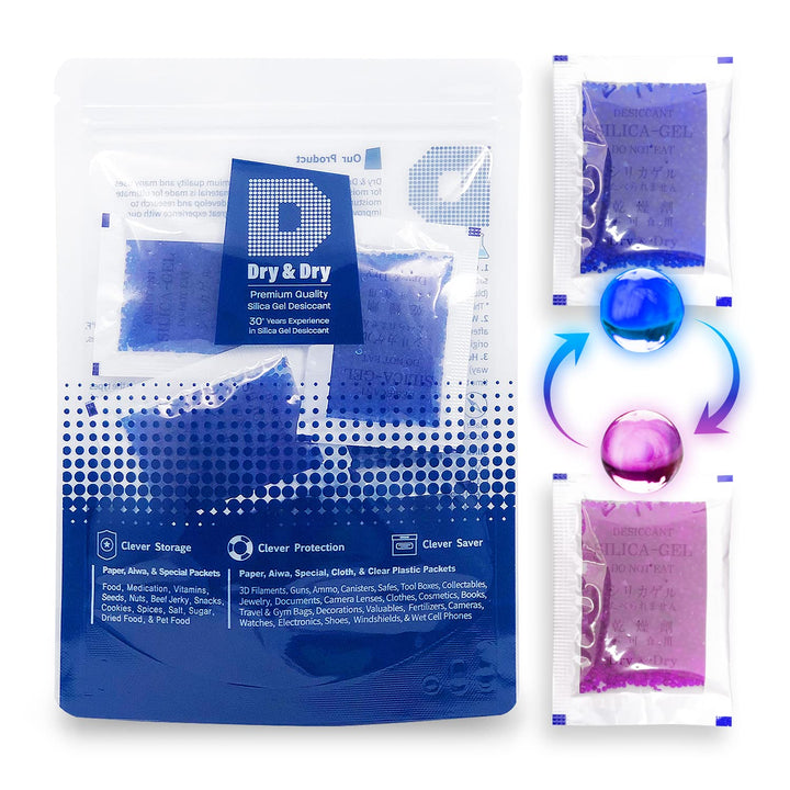 Dry &amp; Dry 5 Gram [50 Packets] Blue Indicating(Blue to Pink) Silica Gel Packets Desiccants Silica Gel Packets - Rechargeable Silica Packets, Silica Gel, Silica Gel Packs