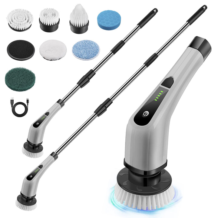 Granvell Electric Spin Scrubber, Power Shower Scrubber with 7 Brush Heads, Portable Household Tools &amp; Cordless Cleaning Machine, Bath Tub Scrub with Long Handle for Bathroom Floor Tile(Grey)
