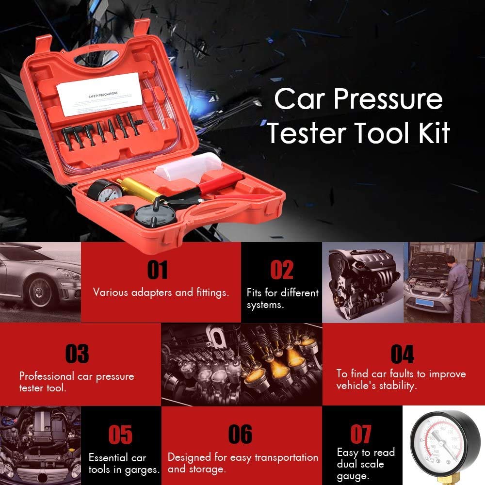2 in 1 Brake Bleeder Kit Hand held Vacuum Pump Test Set for Automotive with Protected Case,Adapters,One-Man Brake and Clutch Bleeding System(Red)