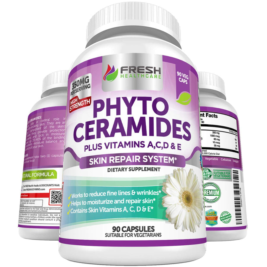 Phytoceramides - 3 Month Supply - Plus Skin Vitamins A,C,D & E for Skin Repair & Rejuvenation - Anti Aging Powerhouse for Reduced Fine Lines & Wrinkles by Fresh Healthcare