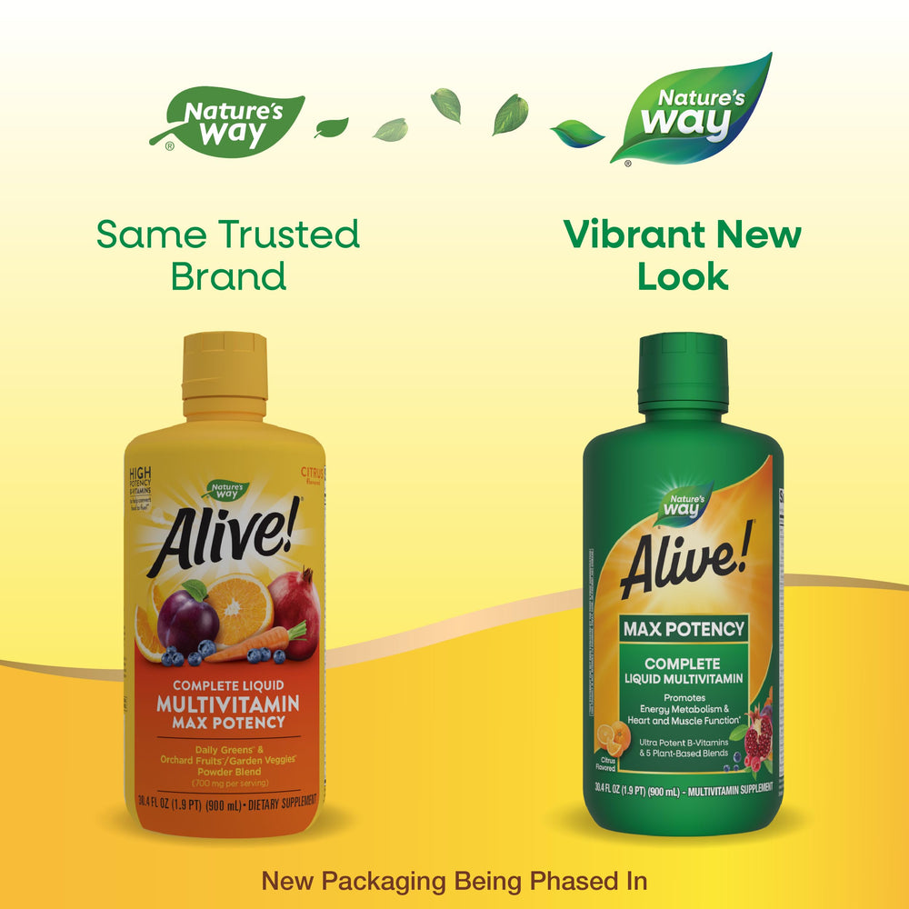 Alive! Max Potency Complete Liquid Multivitamin for Women and Men, Antioxidants Beta Carotene, Vitamins C & E, and Food-Based Blends, Citrus Flavored, 30.4 Fl Oz (Packaging May Vary)