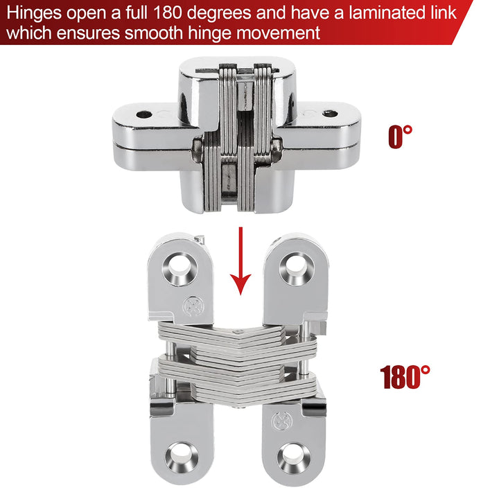 4 Pack Hidden Hinge Invisible Hinge for Cabinet Door, Zinc Alloy Hidden Door Hinge 180 Degree Swing Hinges for Wooden Box Front Door, 0.61&#39;&#39; Leaf Width, 2-3/8 Leaf Height