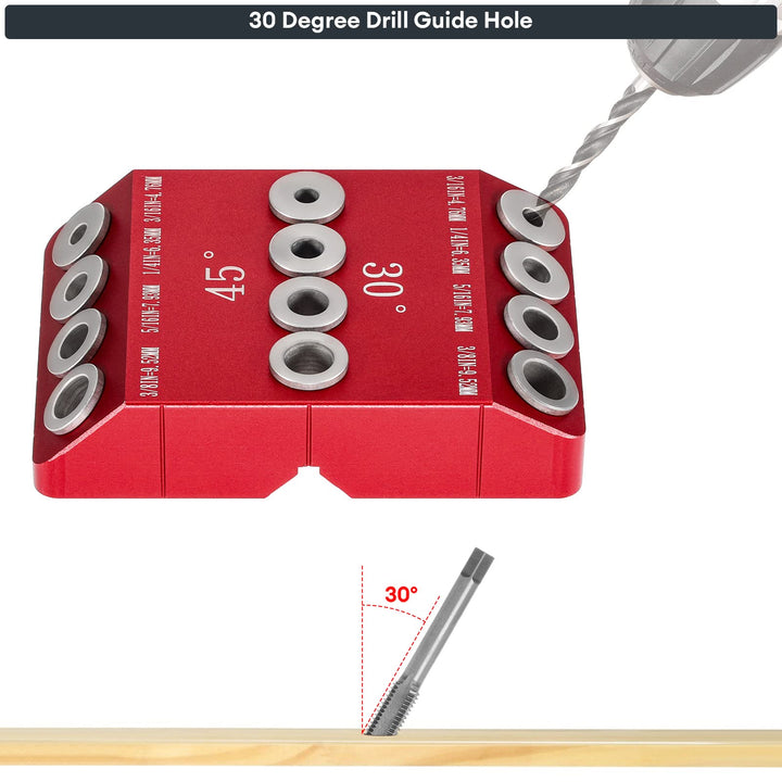 30 45 90 Degree Angle 4 Sizes Drill Hole Guide Jig for Angled and Straight Hole, Portable Deck Cable Railing Lag Screw Drilling Template Block For Horizontal Cable Wood Post,Stair Wire Handrail