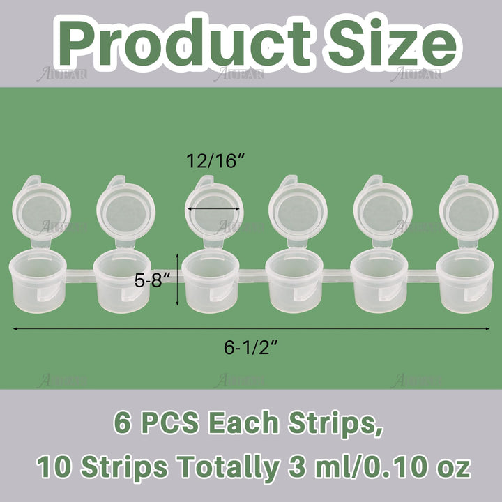 AUEAR 60 Pieces Empty Paint Pot 10 Strips Mini Paint Container with Lid Clear Acrylic Paint Strips for Schools Classrooms Paintings Art Festivals (3ml/ 0.1oz)