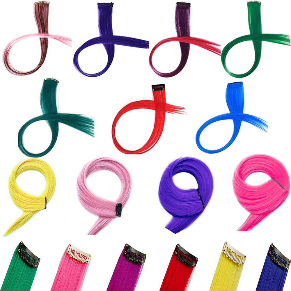 22PCS Colored Hair Extension Wig Piece Accessories with Clips 21 inch Straight 11 Colored fake hair Rainbow Holiday Party costume Colorful Wigs Hairpieces for Girls, Teens, Women, Cosplay, Gifts (Mix)