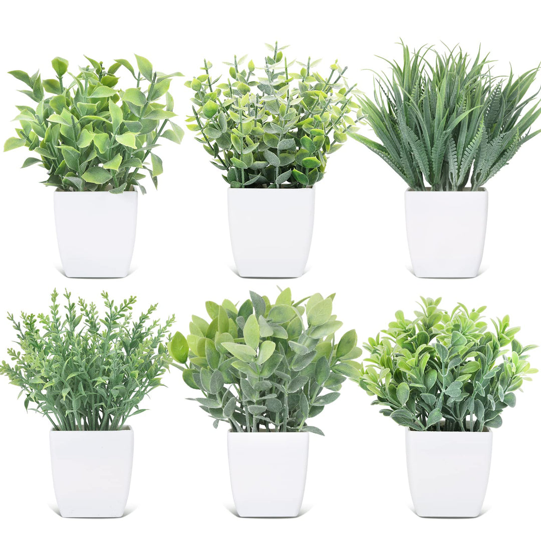 6 Pack Small Fake Plants for Bedroom Aesthetic Mini Artificial Greenery Potted Plants Faux Eucalyptus Plant for Home Décor Indoor Bathroom Living Room Office Desk Decorations