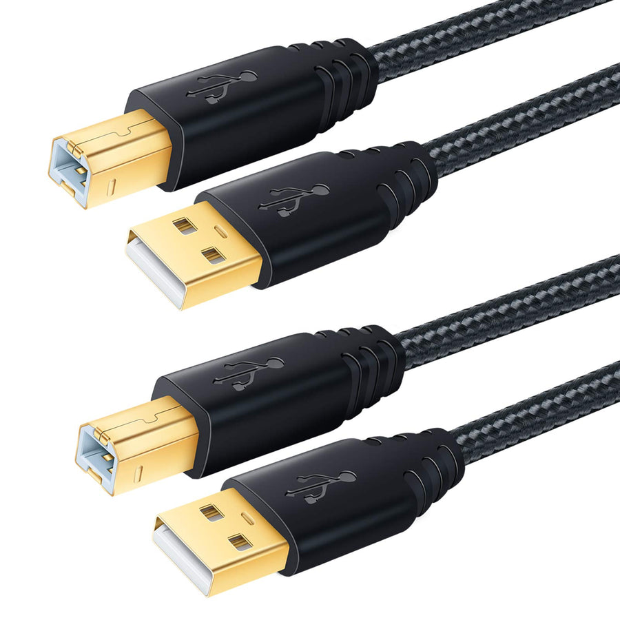 USB Printer Cable 10FT, USB 2.0 Type A-Male to B-Male Printer Cable Scanner Cord Durable Nylon Braided with Gold-Plated Connector Compatible for Samsung/Dell/Epson/HP/Canon/Brother (2-Pack)