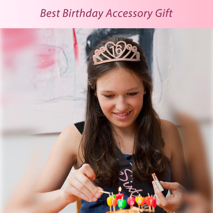 16th Birthday Tiara and Sash Pink, 16th Birthday Gifts for Girl, Happy 16th Birthday Party Supplies,16 &amp; Fabulous Glitter Satin Sash and Crystal Tiara Birthday Crown for 16th Birthday Party Supplies