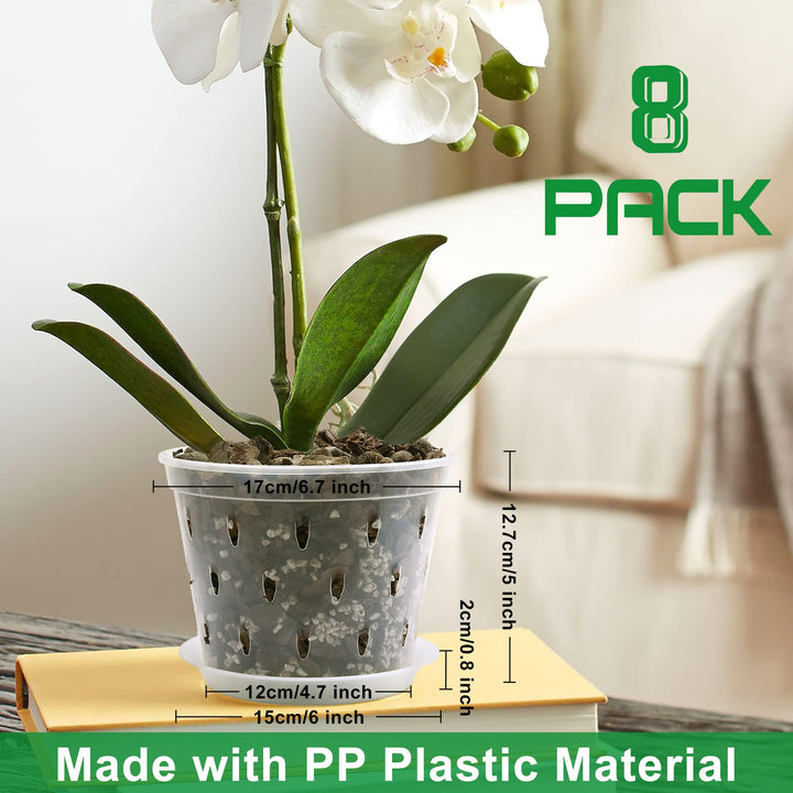 8 Pack 7 inch Orchid Pots with Holes and Saucers Clear Plastic Orchid Pots