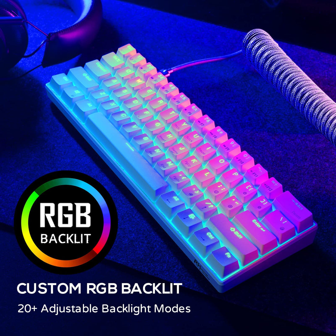 RK61 60% Mechanical Keyboard with Coiled Cable, 2.4Ghz/Bluetooth/Wired, Wireless Bluetooth Mini Keyboard 61 Keys, RGB Hot Swappable Red Switch Gaming Keyboard with Software - White