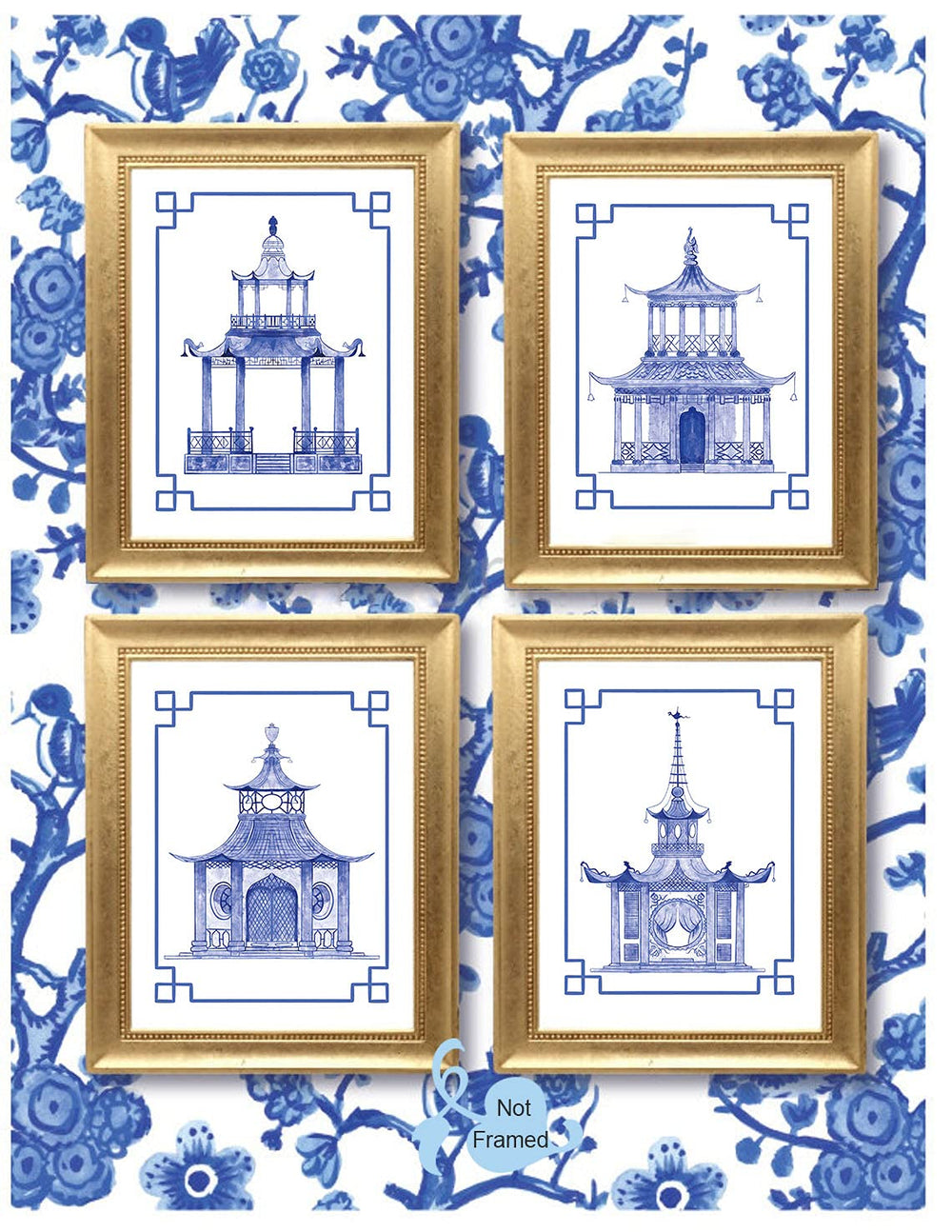 Chinoiserie Art Print- Watercolor Chinese Blue White Pavilion Canvas Wall Art (8x10x6 pcs, Unframed)-Perfect for Bedroom or Study Decor