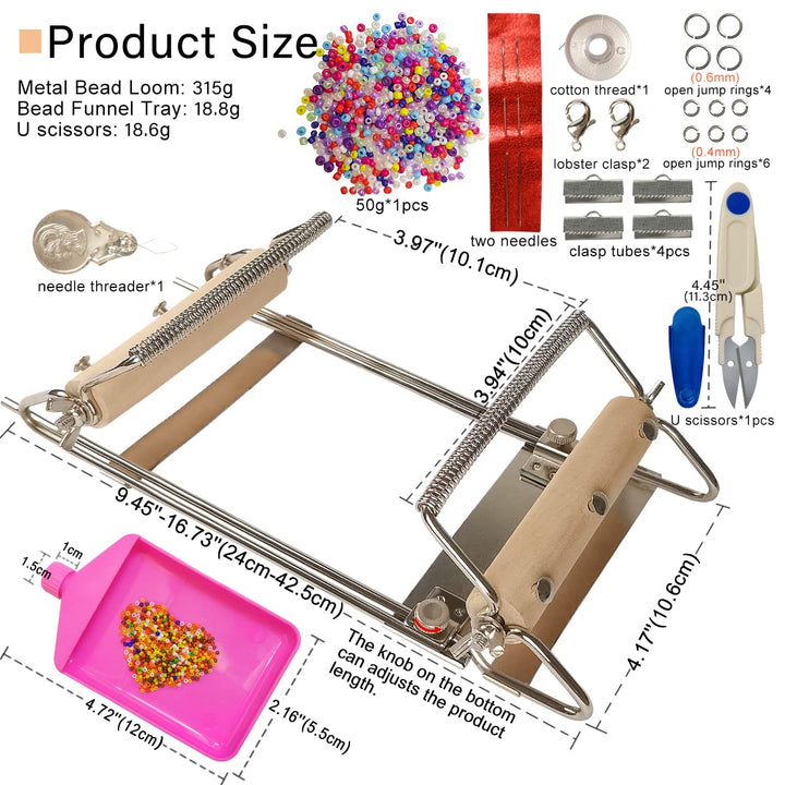 The Second Generation Adjustable Bead Loom Kit with Seed Beads,Large Eye Curved Beading Needle, Funnel Tray,Lobster Clasp,Open Ring and Bead Mat for Jewelry Making kit