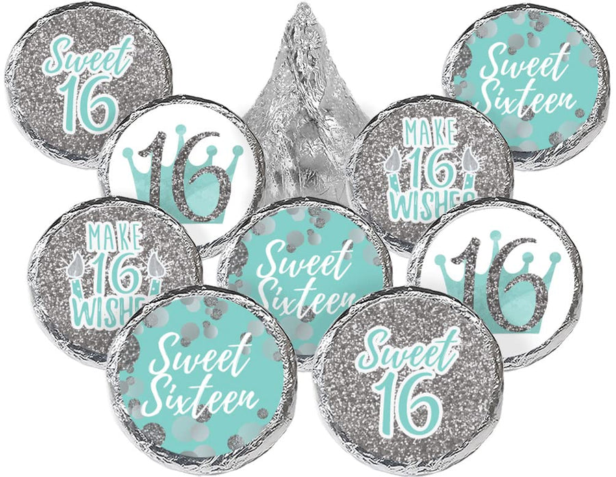 Sweet 16 Party Favor Stickers, 324 Count - Blue and Silver 16th Birthday Party Decorations, Sweet Sixteen Party Favors