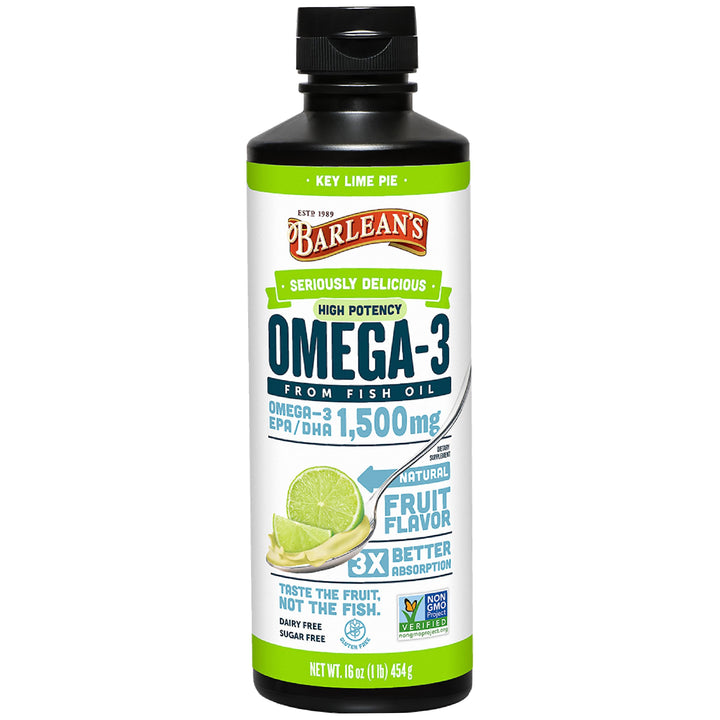 Barlean&#39;s Key Lime Pie High Potency Omega 3 Fish Oil Liquid Supplement, 1500mg of EPA &amp; DHA Fatty Acid, Smoothie Flavored &amp; Burpless for Brain, Joint, &amp; Heart Health, 16 oz