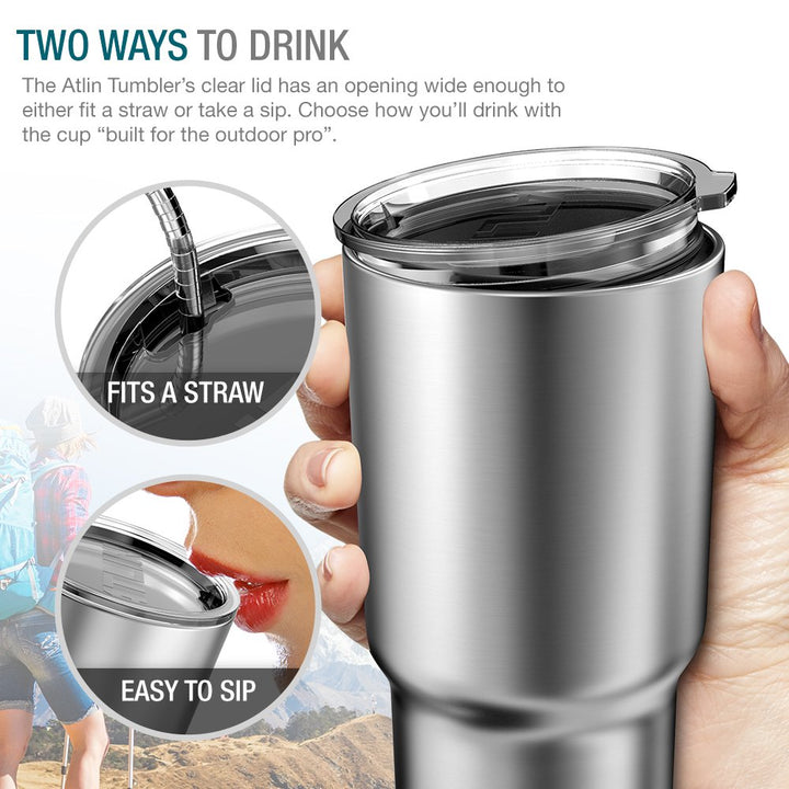 Atlin Tumbler [30 oz. Double Wall Stainless Steel Vacuum Insulation] Travel Mug [Crystal Clear Lid] Water Coffee Cup [Straw Included]For Home,Office,School - Works Great for Ice Drink, Hot Beverage