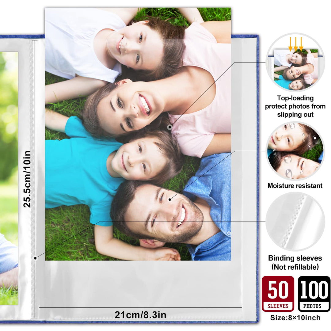 Photo Album 8x10 100 2 Packs, Linen Hard Cover Acid Free Slip Slide in Photo Albums Sleeves Holds 100 Top Load Vertical Only 8x10 Pictures (Blue)