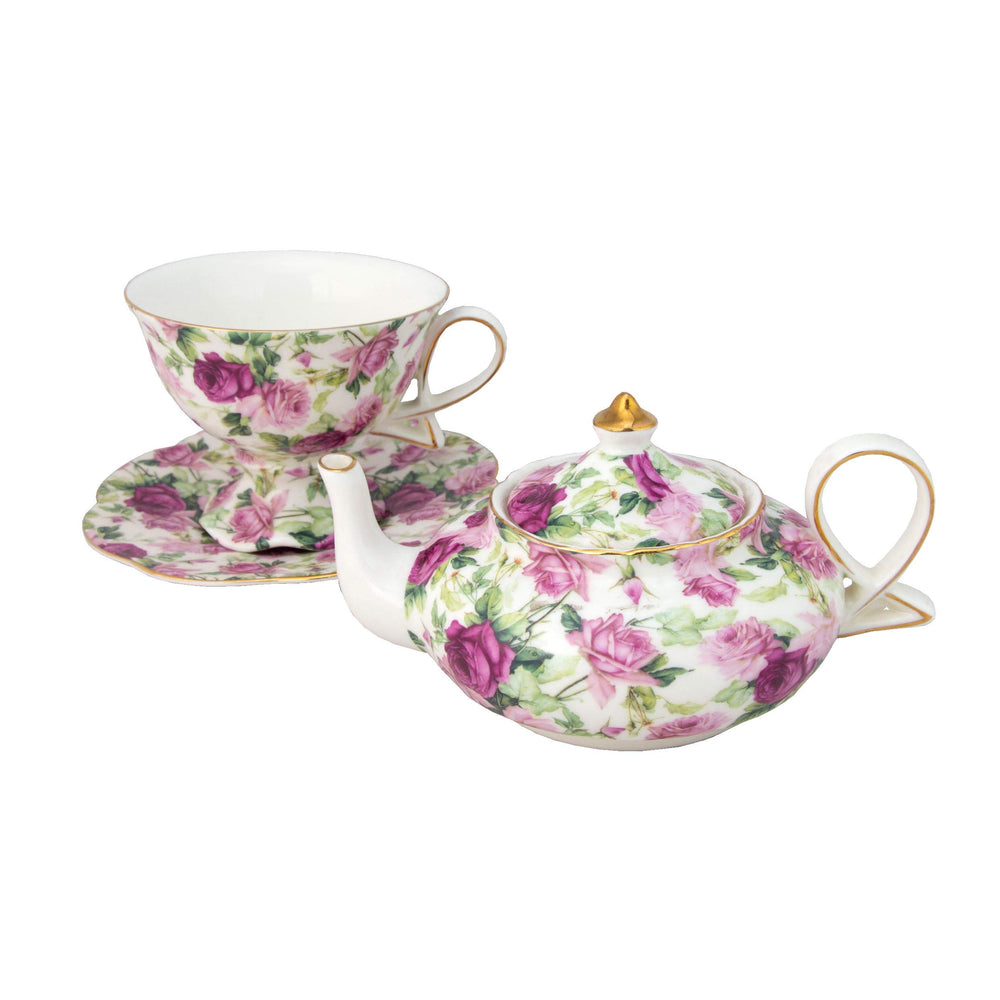 4-Piece Porcelain Tea for One, Stacked Teapot Cup Saucer, Pink Summer Rose Chintz
