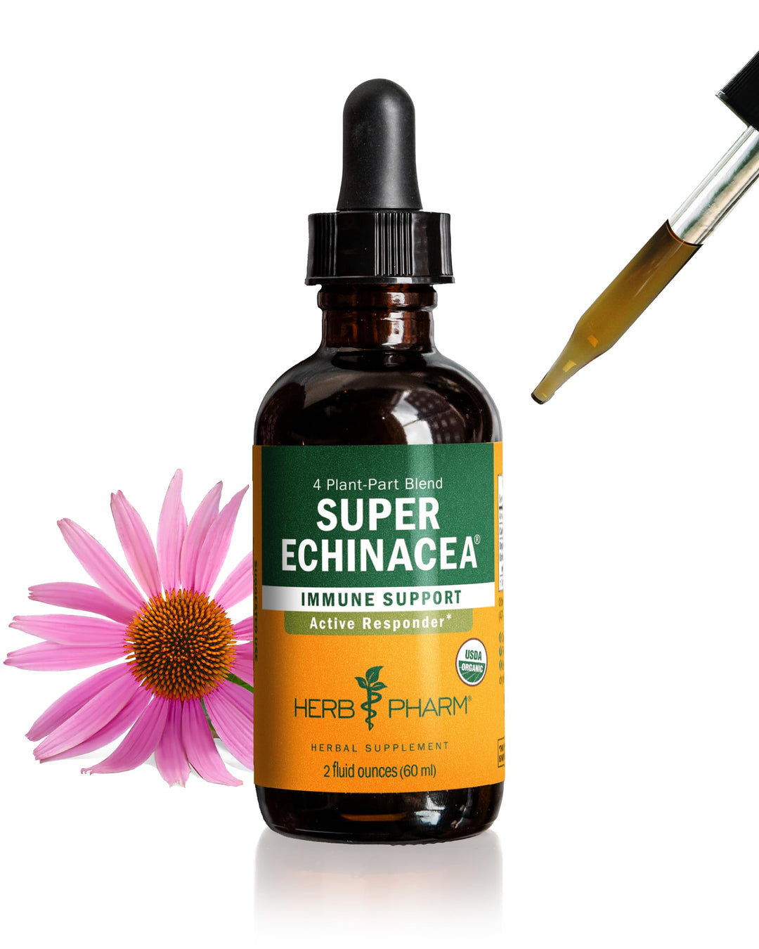 Certified Organic Super Echinacea Liquid Extract Drops for Active Immune System Support, 2 Oz