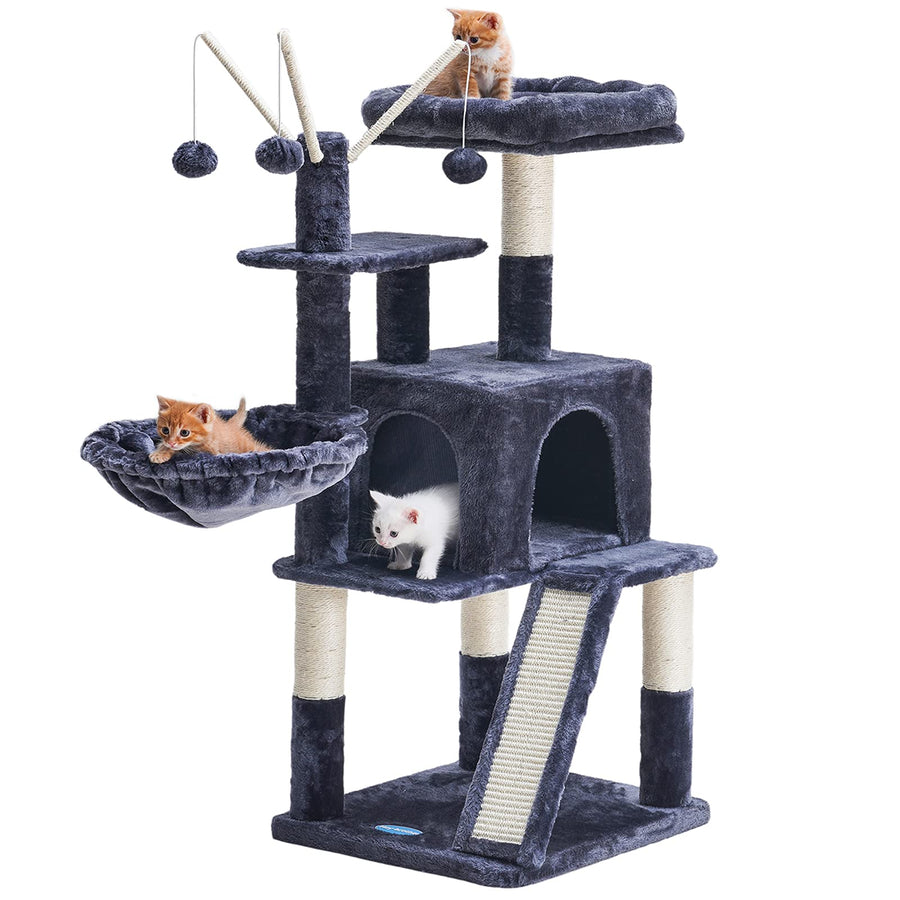 Cat Tree 46 inch Cat Condo with Sisal Scratching Posts,Multi-Level Cat Tower with Scratching Board,Basket,Removable Fur Ball Sticks,Smoky Grey MPJ015G
