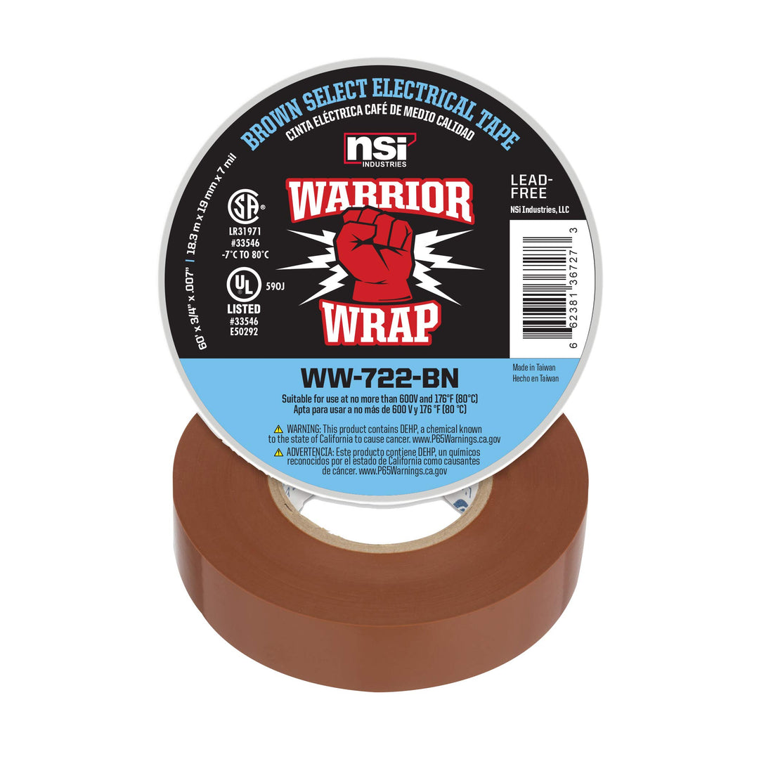 WarriorWrap Select 3/4 in. x 60 ft. 7 mil Vinyl Electrical Tape, Brown