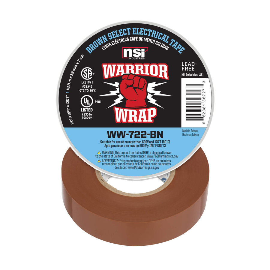 WarriorWrap Select 3/4 in. x 60 ft. 7 mil Vinyl Electrical Tape, Brown