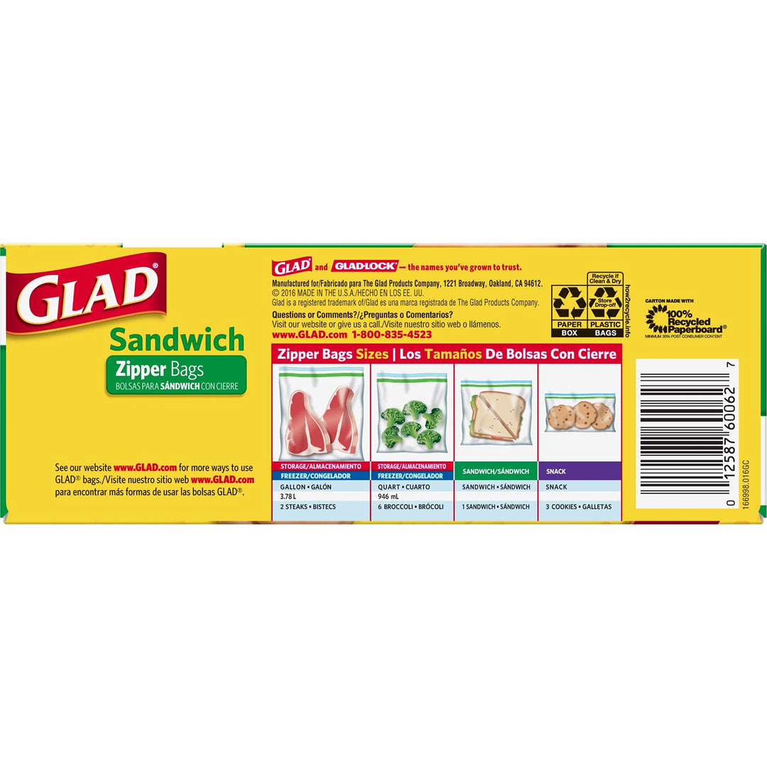 Glad Zipper Food Storage Plastic Bags - Sandwich - 100 