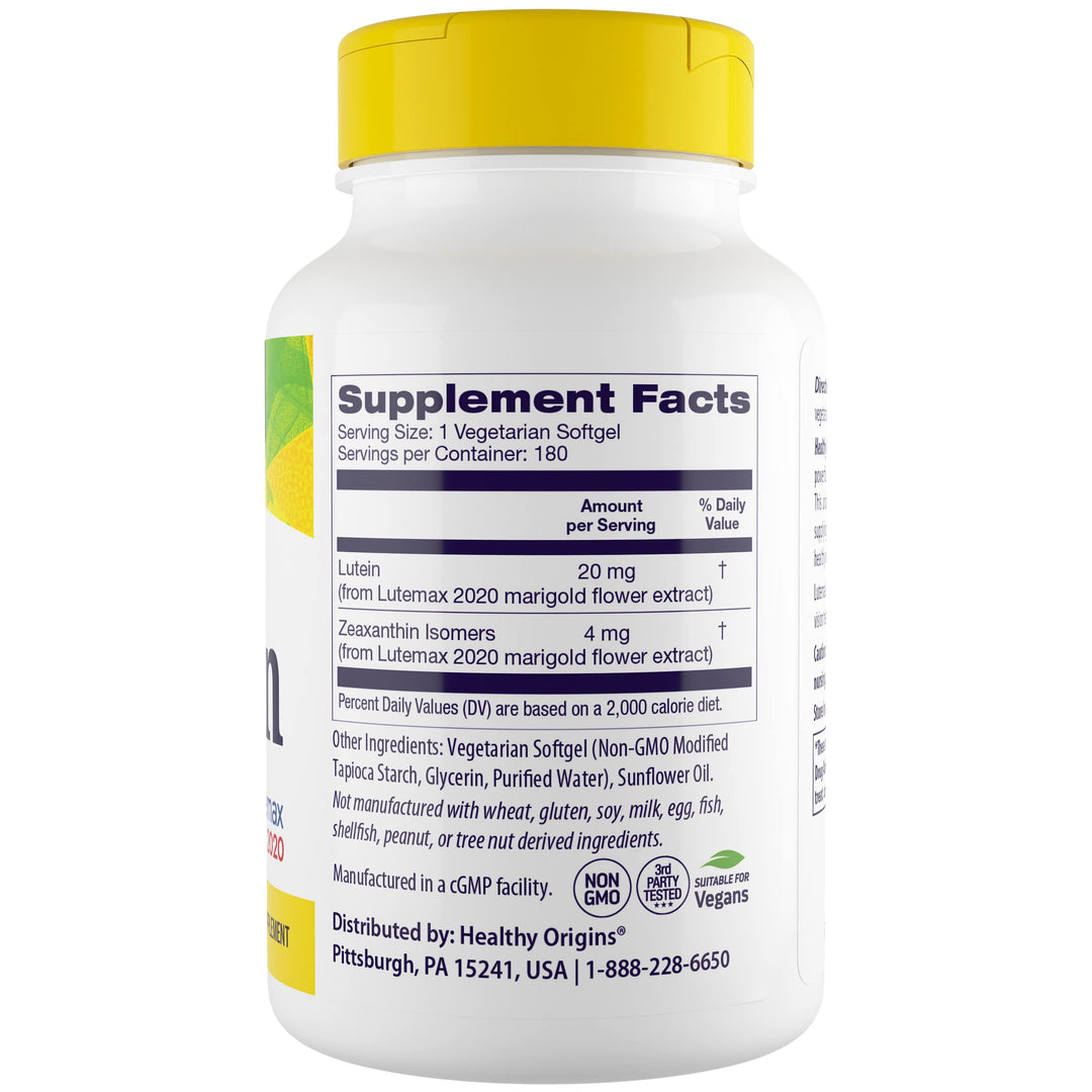 Lutein 20 mg (Lutemax 2020 with Zeaxanthin, Non-GMO, Vegan, Eye Support), 180 Veggie Gels