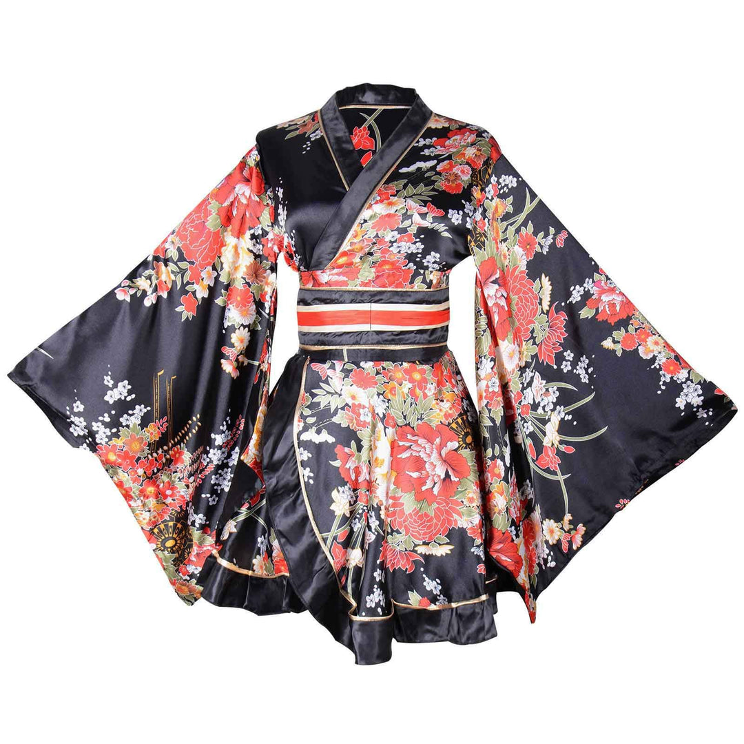 Asian Size Sexy Short Kimono Costume Adult Women&#39;s Japanese Geisha Yukata Prints Gown Blossom Fancy Dress With Obi Belt Fit Bust 44 (Black)