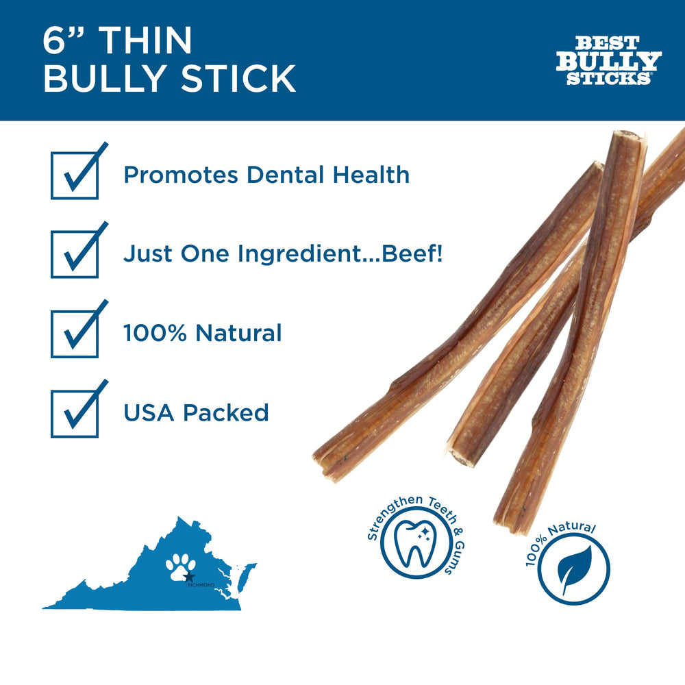 6 Inch Thin Bully Sticks - 24 Count (Pack of 1) - All-Natural, Easily Digestible, 100% Grass-Fed, Grain and Rawhide Free