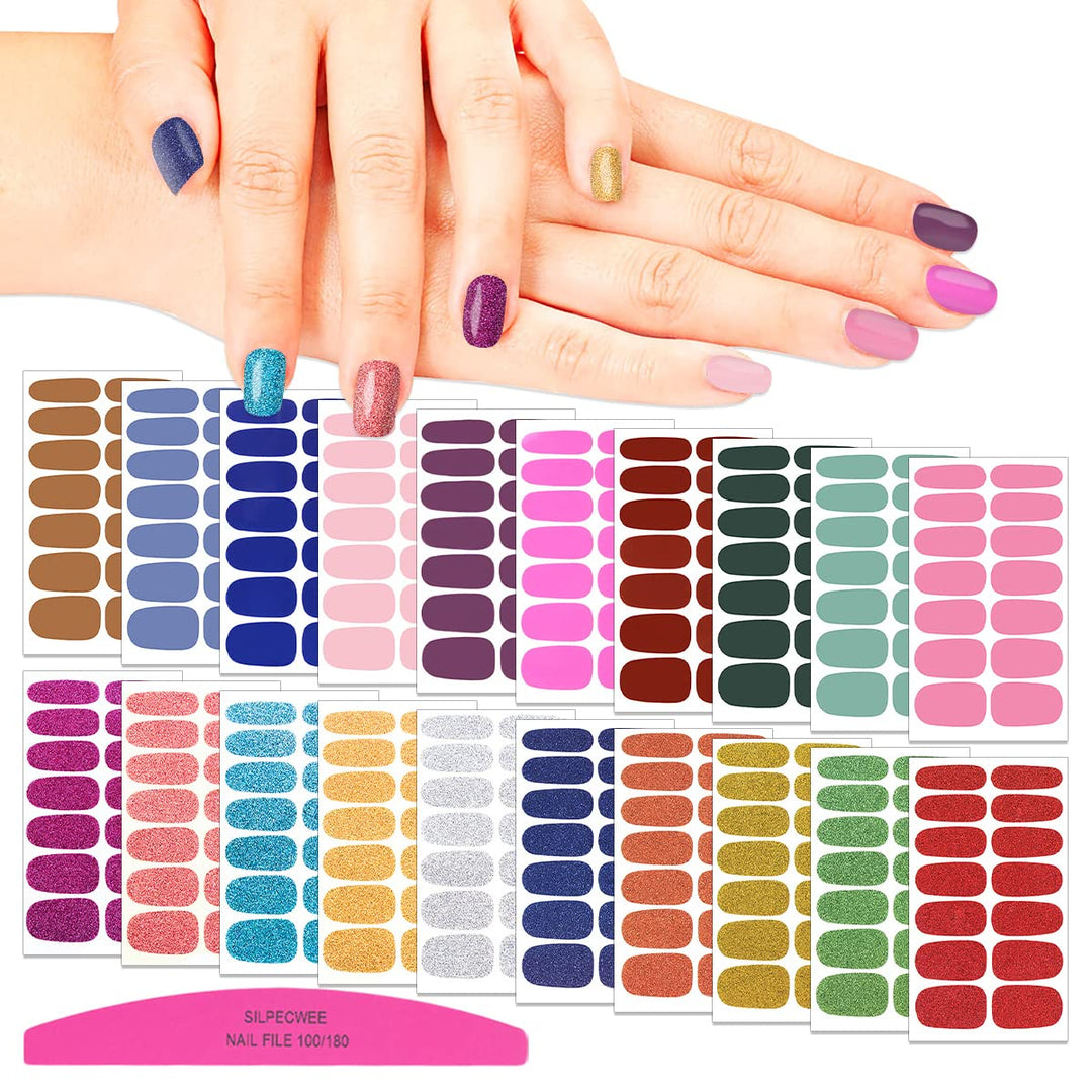 20 Sheets Glitter Solid Color Nail Polish Strips Full Nail Wraps Self Adhesive Nail Art Stickers Nail Stickers for Women Nail Art Accessories with 1pc Nail File