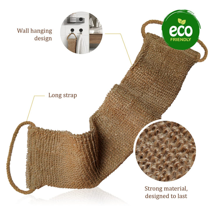 Natural Back Scrubber for Shower for Men and Women - Set of Hemp Back Washer &amp; Exfoliating Glove for Body- Long Back Sleeve with Scrub Mitten for Deep Cleaning &amp; Skin Relax