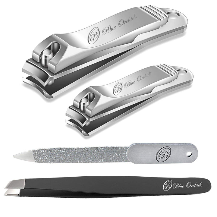 Black : Nail Clipper Set - Fingernail Clipper + Toenail Clipper + Nail File + Slanted Tweezers - Stainless Steel