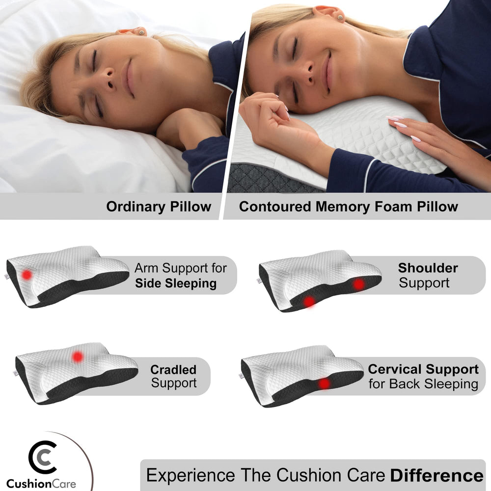 Charcoal Cervical Neck Pillow for Pain Relief Sleeping – Ventilated Memory Foam - Orthopedic Contour Pillow for Side, Back, Stomach Sleeper - Ergonomic Arm, Neck and Shoulder Support Pillows