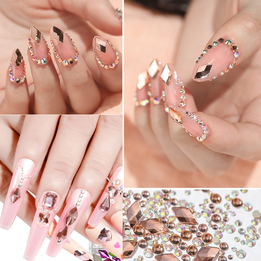 810Pcs Sparkly Champagne Nail Rhinestones 3D Nail Art Diamond for Nails Decoration Muliti Size Crystal Bead Flatback Gem Stones Gold Crystal Rhinestones for Nail Design Charms DIY Crafts