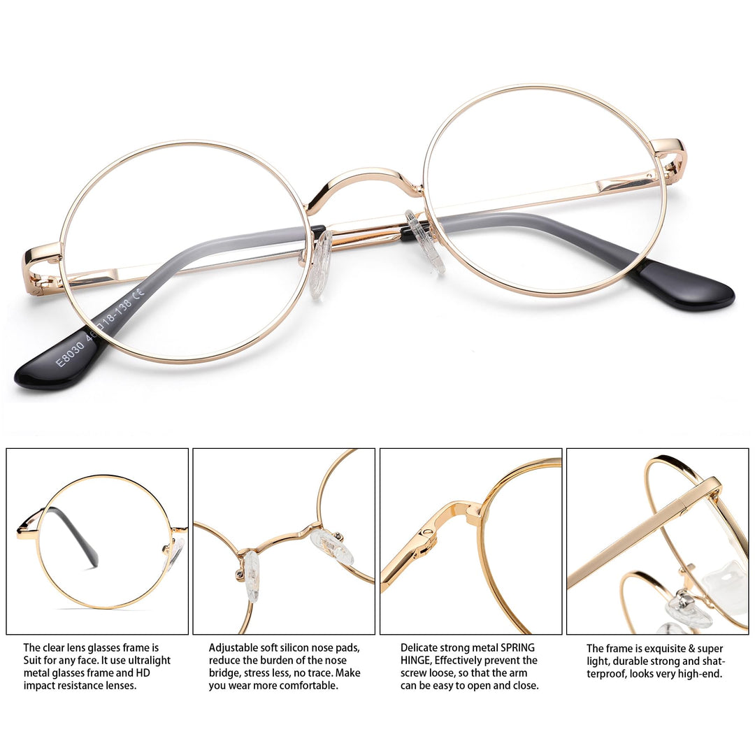 Non Prescription Clear Lens Glasses Retro Small Round Metal Frame (Black)