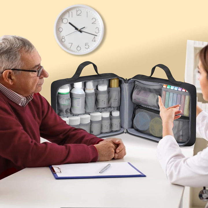 Pill Bottle Organizer Medicine Storage Bag Medication Travel Carrying Case Manager with Handle, Fixed Pockets for Medications, Vitamins, Medical Supplies, Black
