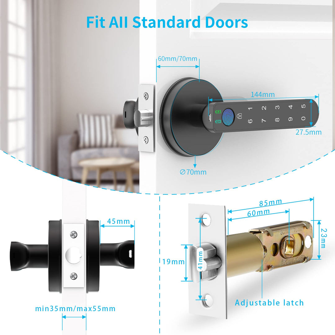 Fingerprint Door Lock with Keypads, Handle, Passwords, Fingerprint Door Knob Keyless Entry Door Lock for Home/Office/Bedroom/Apartment Black
