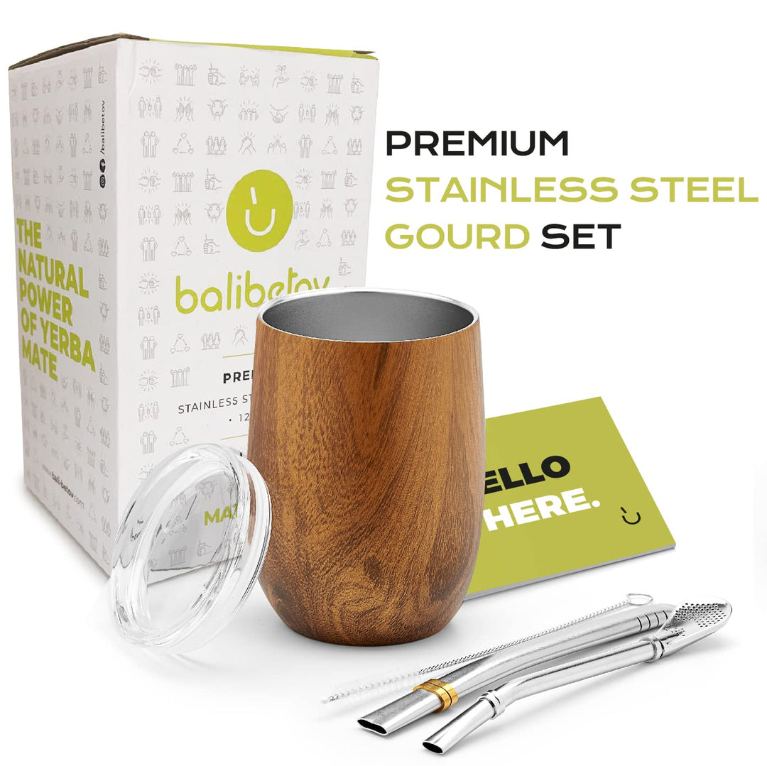 Premium Stainless Steel Yerba Mate Gourd Set, 5 Pcs Including 12 oz Gourd with Lid, 2 Bombillas, Cleaning Brush | BPA Free, Insulated