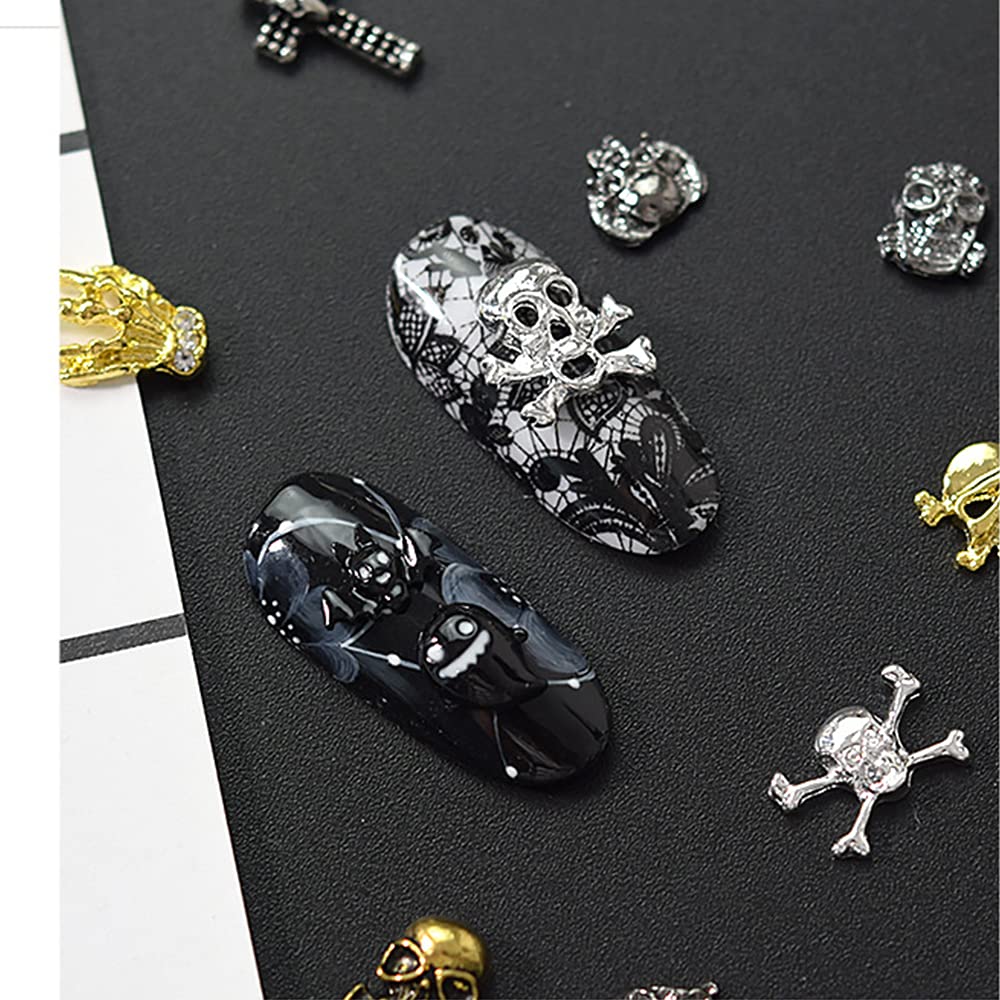 3D Nails Art Halloween Charm Decals Decoration 30Pcs Halloween Theme Element Metal Nail Studs Skull Hand Bone Cat Pumpkin Cobweb Gun Witch Hat etc.Design for DIY Nail Manicure Tips