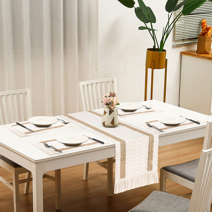 Macrame Table Runner, Cream Beige Boho Table Runner with Tassels, Hand Woven Cotton and Burlap Splicing Table Runner, Rustic Farmhouse Table Runner for Bohemian, Fall, Kitchen Dining Table