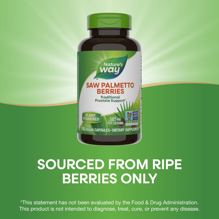 Nature&#39;s Way Saw Palmetto Berries, Traditional Prostate Support*, 585 mg per Serving, Non-GMO Project Verified, Vegan, 180 Capsules (Packaging May Vary)