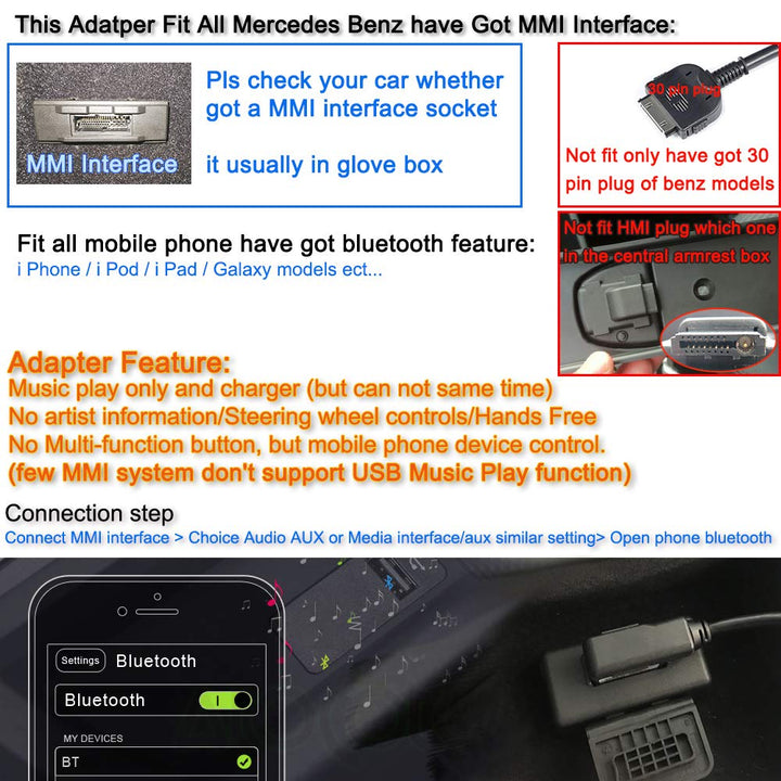 Bluetooth Adapter Compatible with Mercedes Benz MMI Port Cell Phone Apple iPhone iPod Android Capable Devices Play HiFi Music