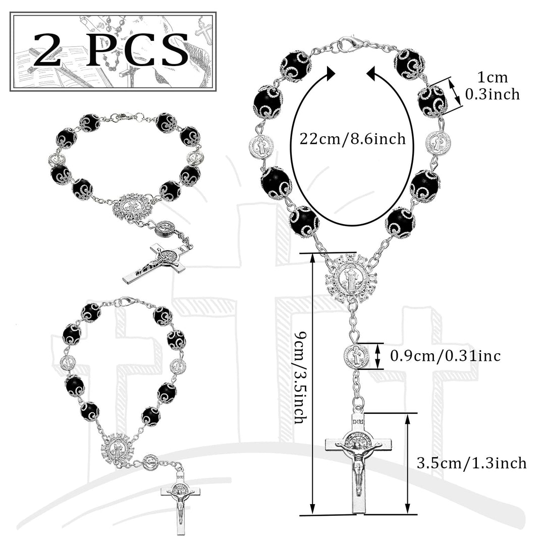 Saint Benedict Car Rosary 2 Pcs Rearview Mirror Auto Rosary Hanging Personalized Car Cross Blessing Catholic Car Medal for Truck Bike Motorcycle Car Mirror Hanging Accessories Decors (Black)