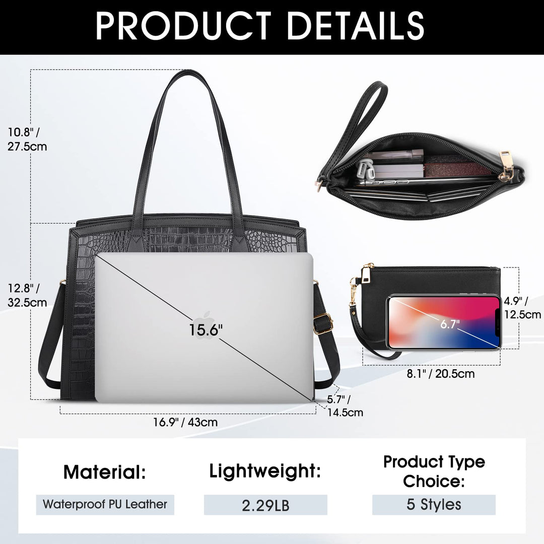 Laptop Bag for Women 15.6 Inch Laptop Tote Bags PU Leather Lightweight Womens Computer Bag Office Shoulder Bag Handbag Large Capacity Fashion Work Briefcase Bag 2PCs Black Crocodile Pattern