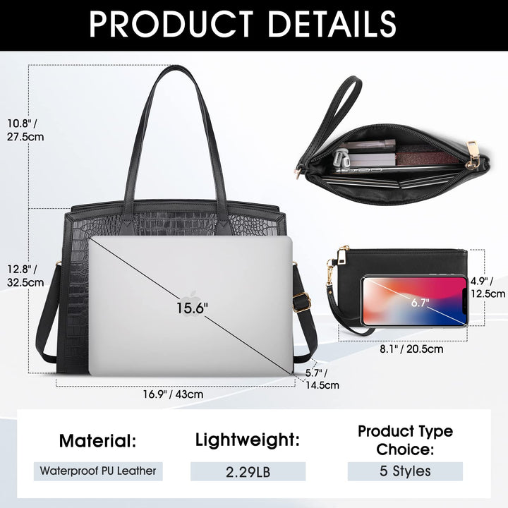 Laptop Bag for Women 15.6 Inch Laptop Tote Bags PU Leather Lightweight Womens Computer Bag Office Shoulder Bag Handbag Large Capacity Fashion Work Briefcase Bag 2PCs Black Crocodile Pattern