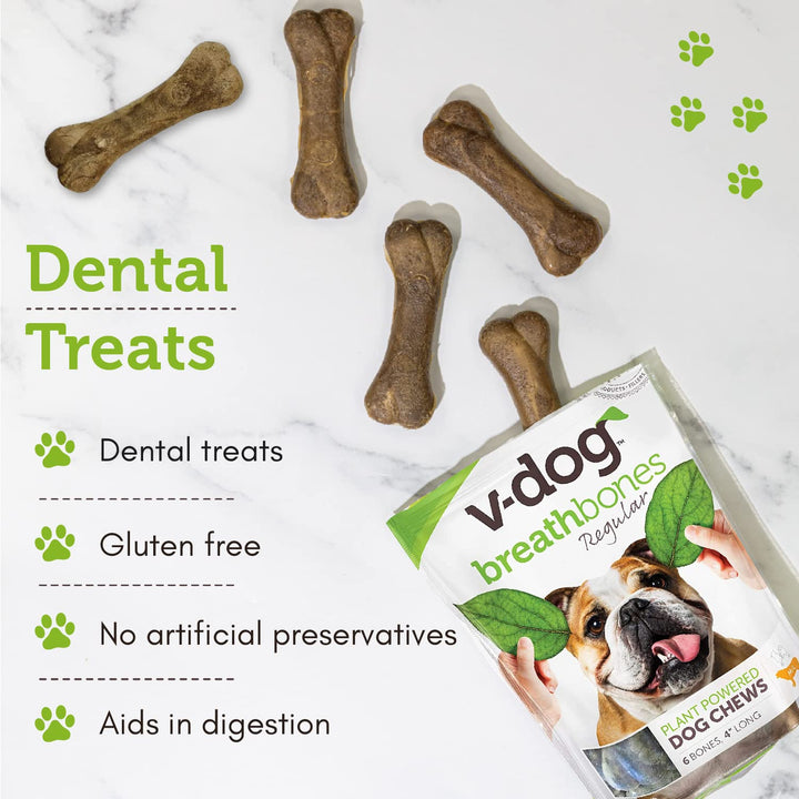Dog Treats - Vegan Breathbone Teeth Cleaning Dental Dog Bones - Fresh Breath - 8 Ounces - All Natural - Made in USA - 6 Bones - 4 Long - Easy to Digest