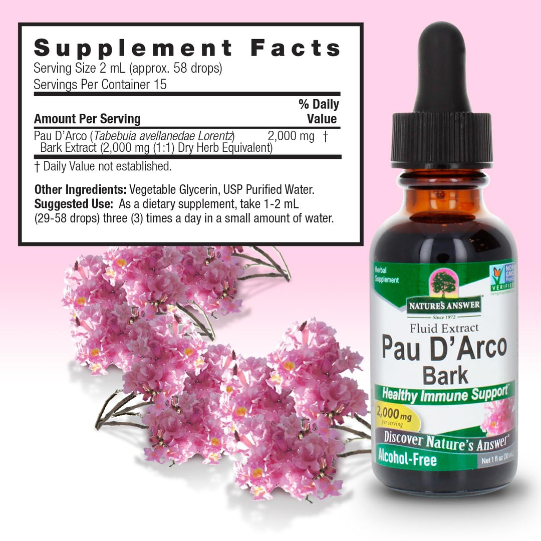 Nature&#39;s Answer PAU D&#39;Arco Inner Bark | Supports Immune System | Helps Maintain Intestinal Flora | Alcohol-Free, Gluten-Free, Kosher Certified &amp; No Preservatives 1oz Extract | Single Count